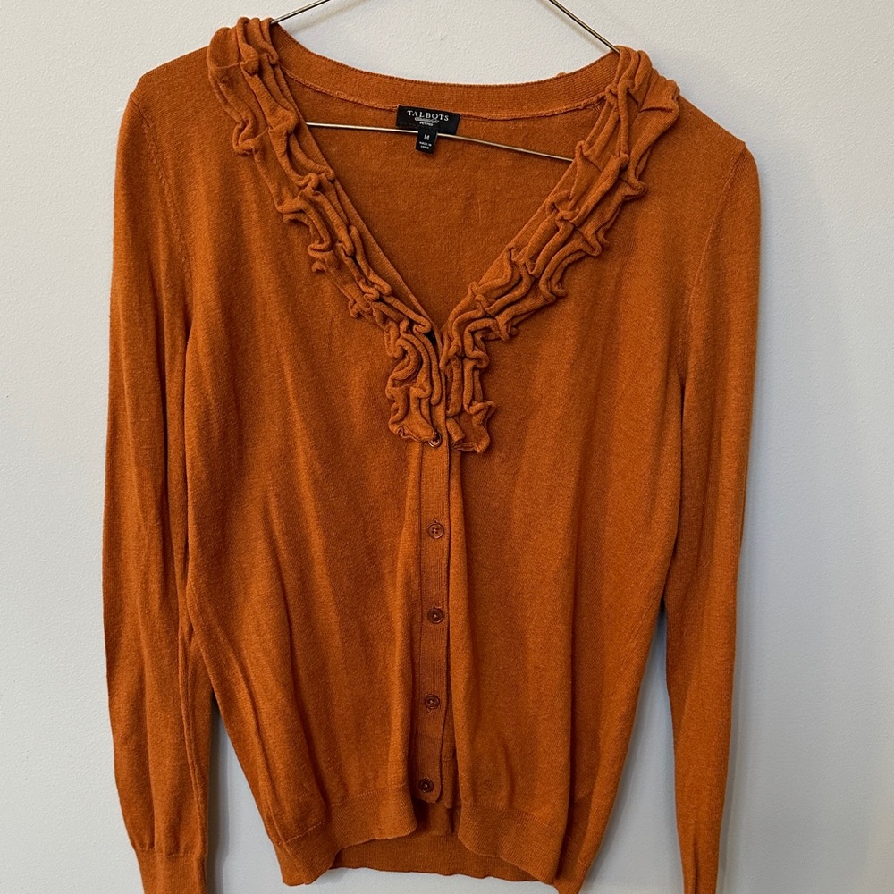 Talbots Ruffled Orange Cardigan